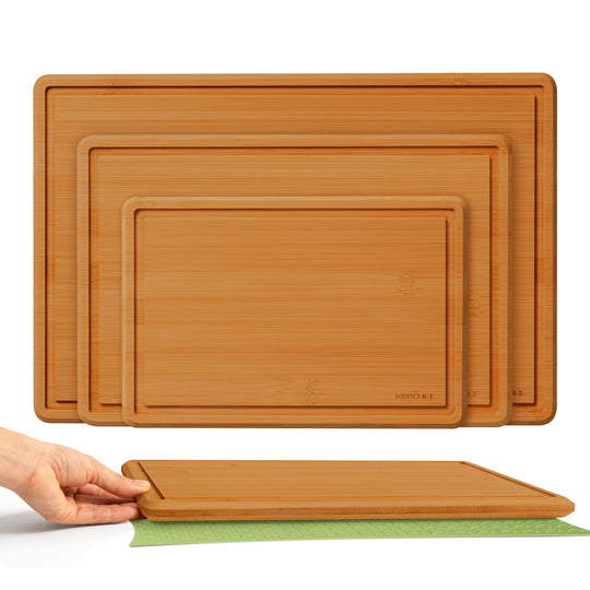Cutting Board Set of 3 with Non-slip Mat, Brown banner